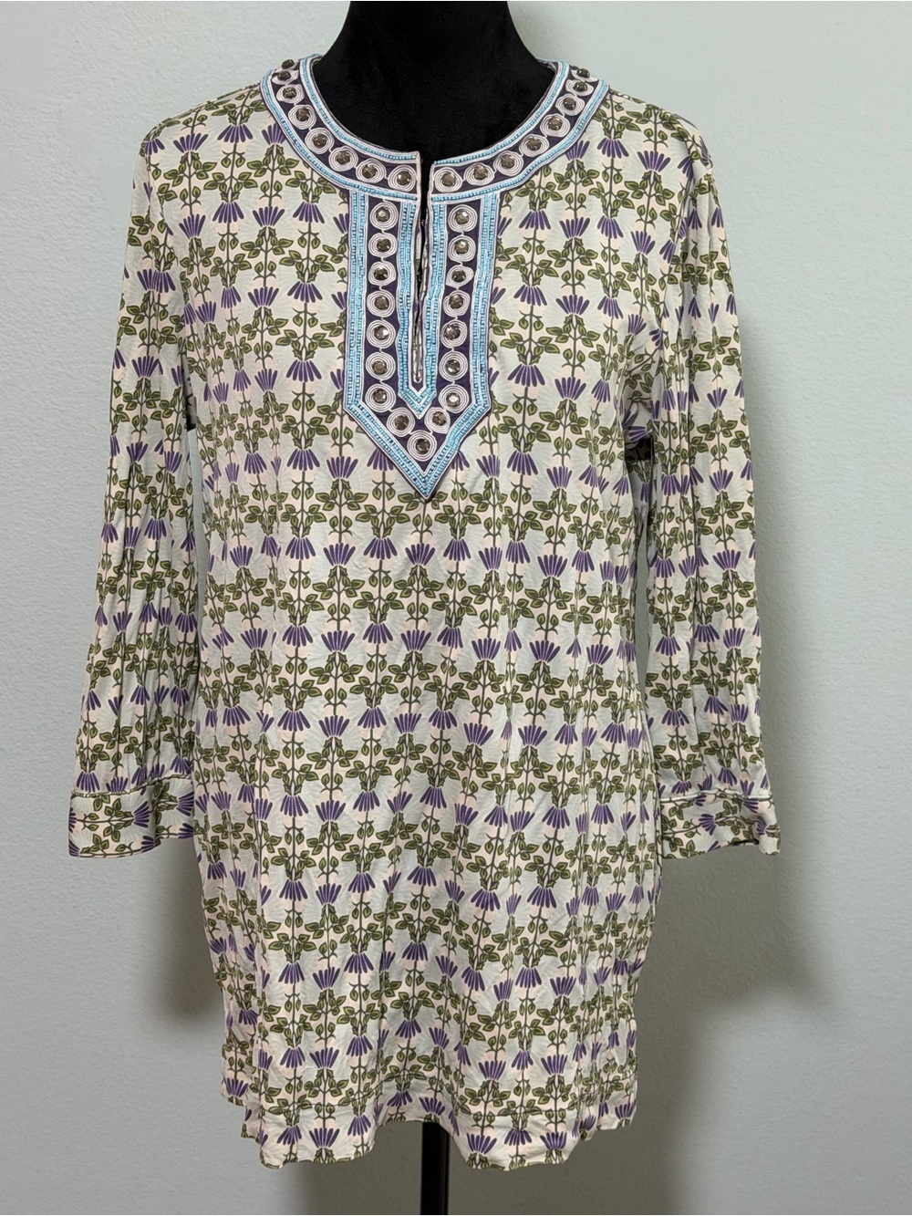 TORY BURCH Long Sleeve V Neck Printed Silk Tunic - Large